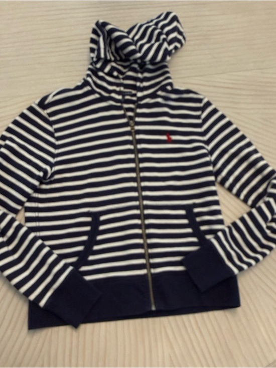 Ralph Lauren Jackets & Blazers - Ralph Lauren Navy and White Striped Zip-Up Hoodie with Red Pony